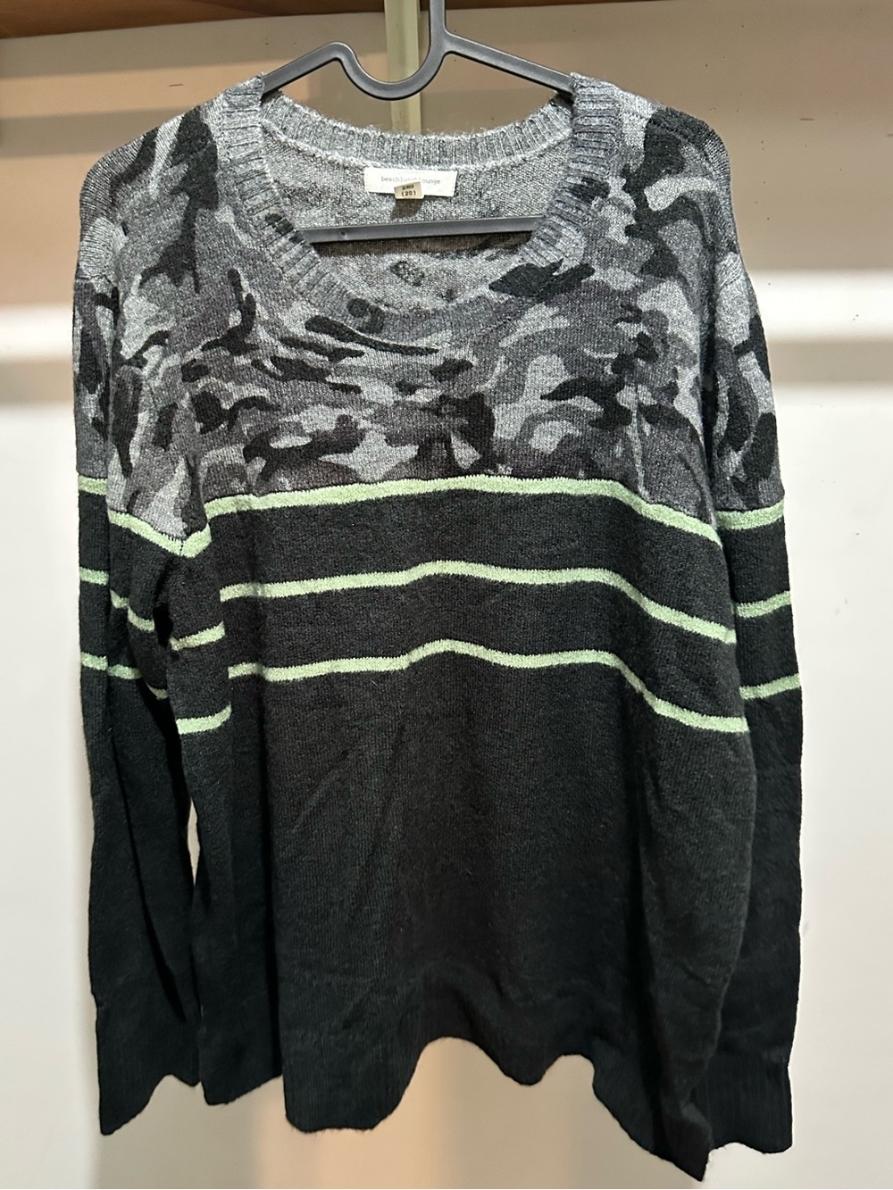 beachlunchlounge Black & Gray Camo Crewneck Sweater with Light Green Stripes